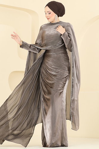 moda selvim Şal Detaylı 2 li Organze Abiye 5663DMNK1166 Koyu Vizyon - Thumbnail