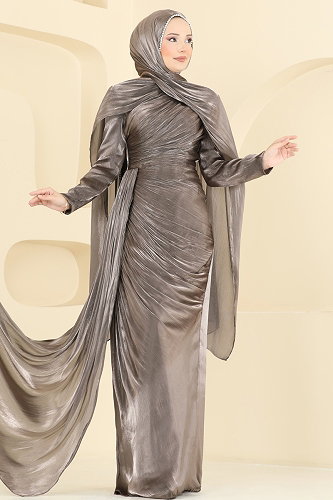 moda selvim Şal Detaylı 2 li Organze Abiye 5663DMNK1166 Koyu Vizyon - Thumbnail