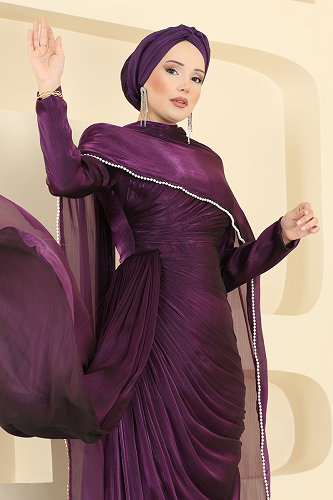 moda selvim Şal Detaylı 2 li Organze Abiye 5663DMNK1166 Mor - Thumbnail
