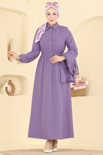 moda selvim Şal Detaylı Modal Elbise 8125TEG847 Lila - Thumbnail