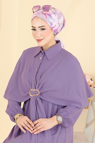 moda selvim Şal Detaylı Modal Elbise 8125TEG847 Lila - Thumbnail