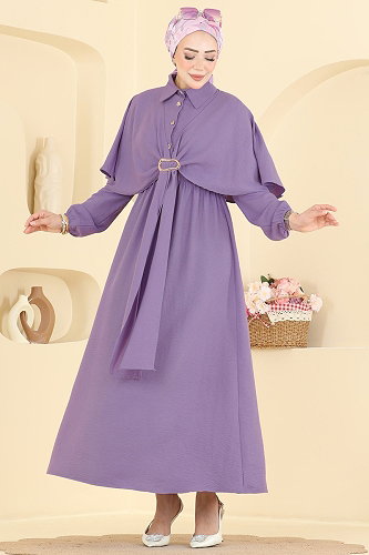 moda selvim Şal Detaylı Modal Elbise 8125TEG847 Lila - Thumbnail