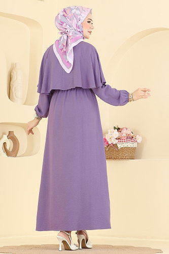 moda selvim Şal Detaylı Modal Elbise 8125TEG847 Lila - Thumbnail
