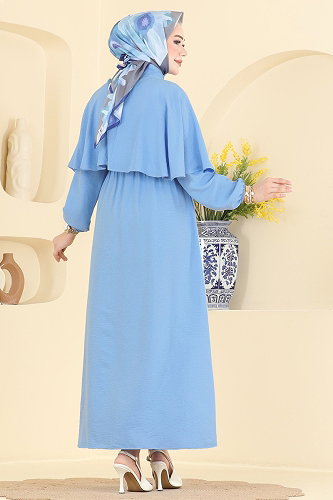 moda selvim Şal Detaylı Modal Elbise 8125TEG847 Mavi - Thumbnail