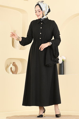 moda selvim Şal Detaylı Modal Elbise 8125TEG847 Siyah - Thumbnail