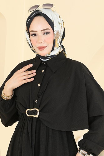 moda selvim Şal Detaylı Modal Elbise 8125TEG847 Siyah - Thumbnail