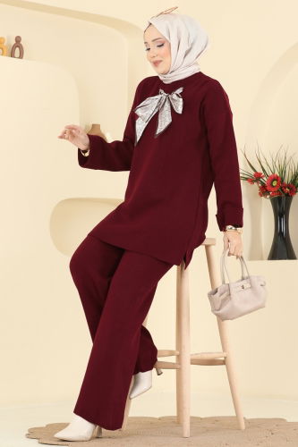 A.Y.D. - Şal Detaylı Triko Takım 2771AYD574 Açık Bordo