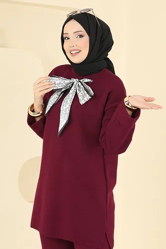 moda selvim Şal Detaylı Triko Takım 2771AYD574 Bordo - Thumbnail