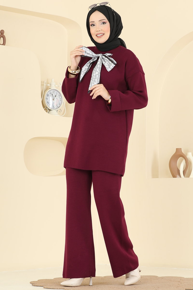 Şal Detaylı Triko Takım 2771AYD574 Bordo