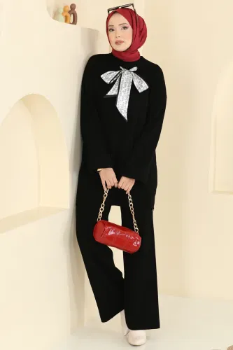 A.Y.D. - Şal Detaylı Triko Takım 2771AYD574 Siyah