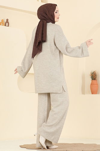moda selvim Şal Detaylı Triko Takım 2771AYD574 Taş - Thumbnail