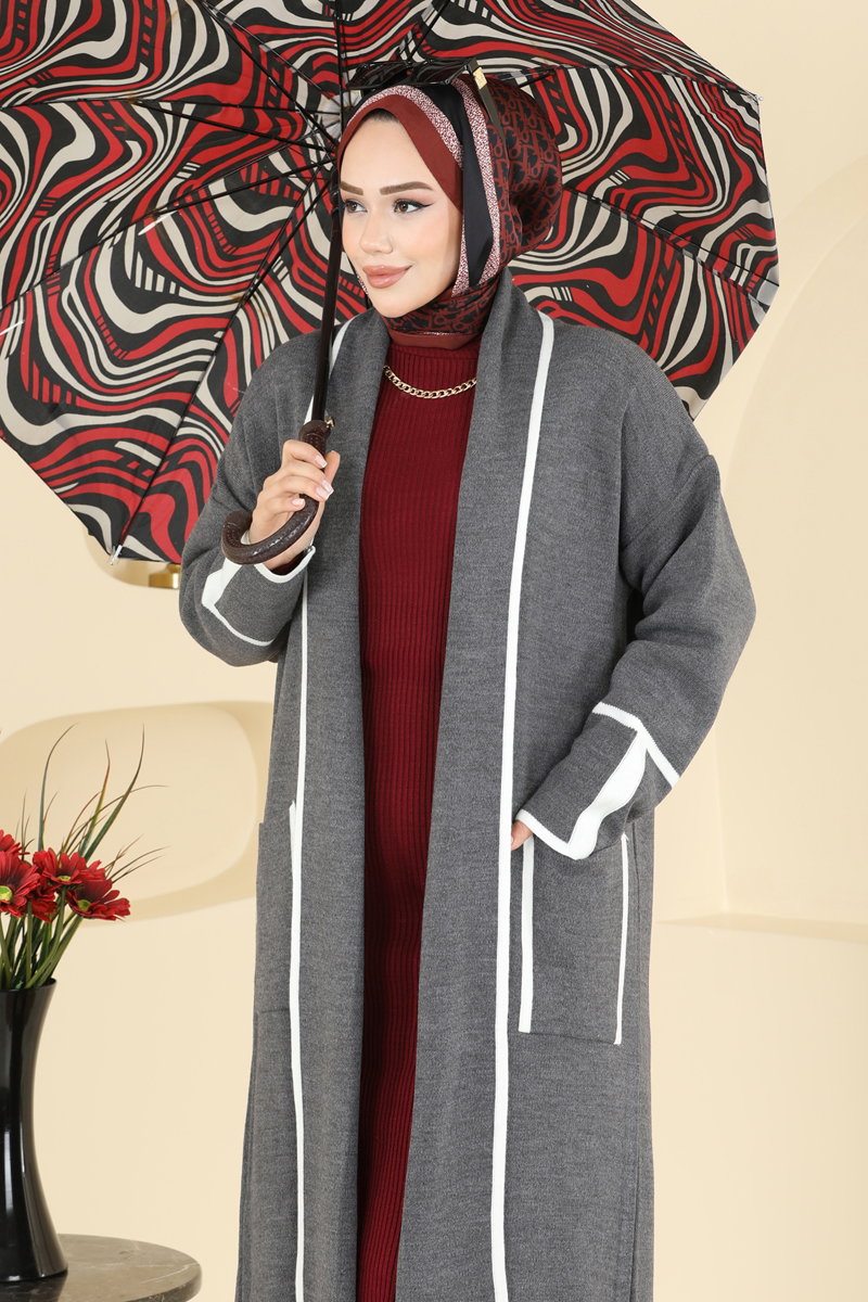 Şal Yaka Triko Hırka 7065BRZ597 Gri