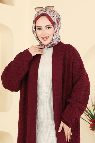 moda selvim Şal Yaka Uzun Hırka 4470BRZ597 Bordo - Thumbnail