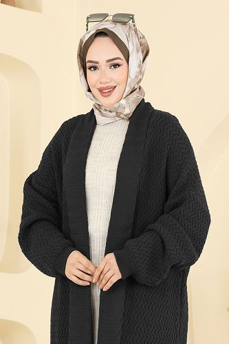 moda selvim Şal Yaka Uzun Hırka 4470BRZ597 Siyah - Thumbnail