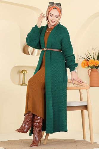 moda selvim Şal Yaka Uzun Hırka 4470BRZ597 Zümrüt - Thumbnail