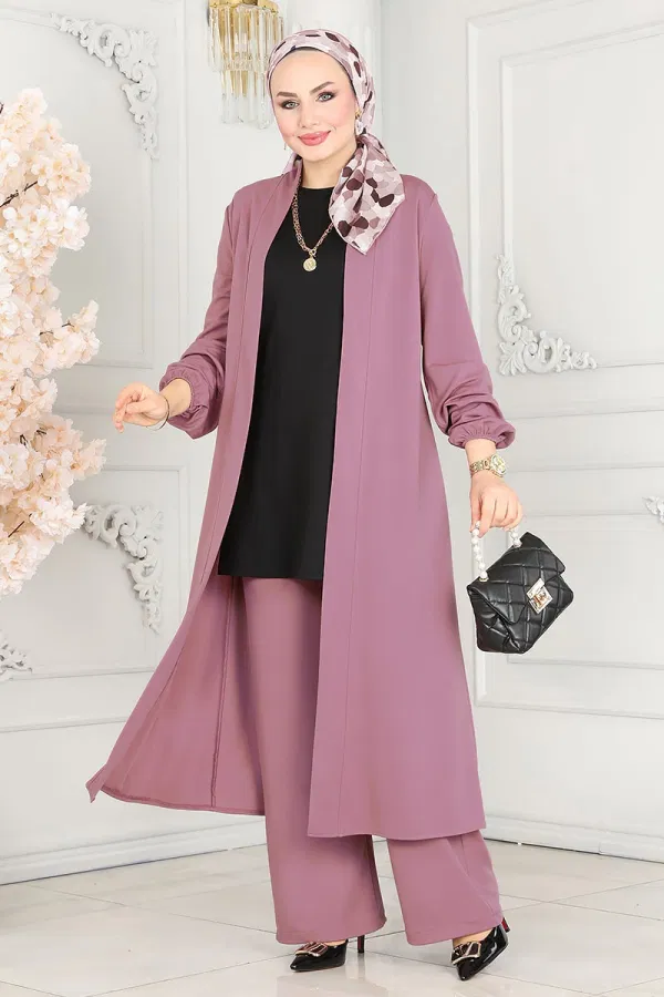 Modaselvim Kombin Salaş Üçlü Tesettür Takım 2649ASMK1074 Gül Kurusu&Siyah