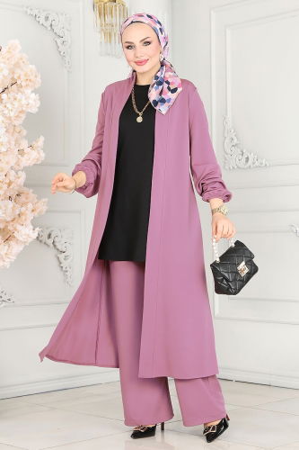 A.S.M.K. - Salaş Üçlü Tesettür Takım 2649ASMK1074 Lila&Siyah