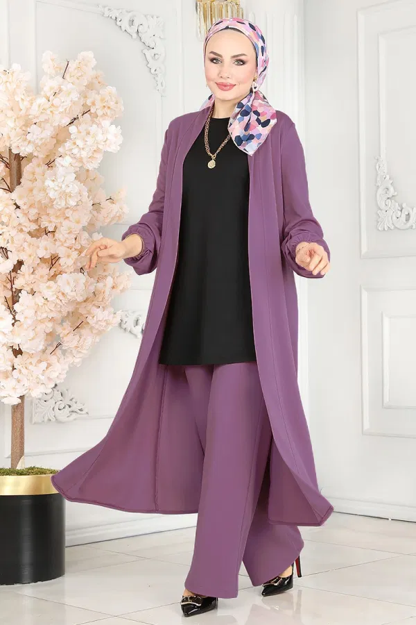 Modaselvim Kombin Salaş Üçlü Tesettür Takım 2649ASMK1074 Lila&Siyah