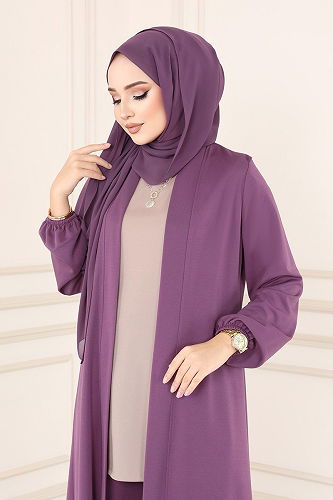 moda selvim Salaş Üçlü Tesettür Takım 2649ASMK1074 Lila&Vizyon - Thumbnail