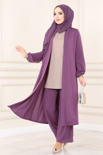moda selvim Salaş Üçlü Tesettür Takım 2649ASMK1074 Lila&Vizyon - Thumbnail