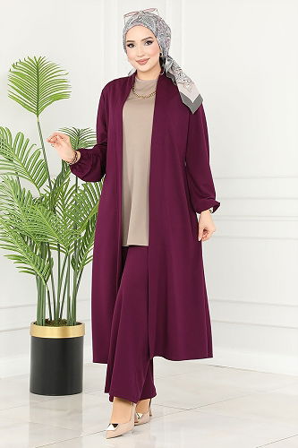 moda selvim Salaş Üçlü Tesettür Takım 2649ASMK1074 Mürdüm&Vizyon - Thumbnail