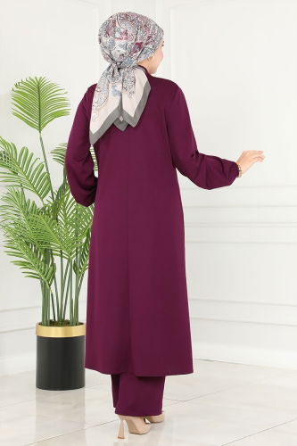 moda selvim Salaş Üçlü Tesettür Takım 2649ASMK1074 Mürdüm&Vizyon - Thumbnail