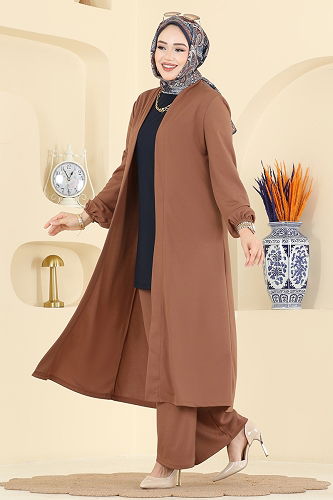 moda selvim Salaş Üçlü Tesettür Takım 2649ASMK1074 Taba&Laci - Thumbnail