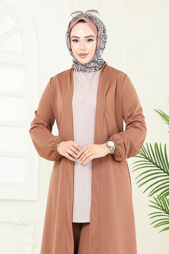 moda selvim Salaş Üçlü Tesettür Takım 2649ASMK1074 Taba&Vizyon - Thumbnail
