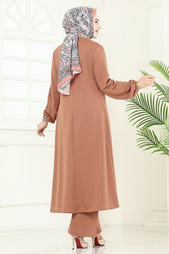 moda selvim Salaş Üçlü Tesettür Takım 2649ASMK1074 Taba&Vizyon - Thumbnail