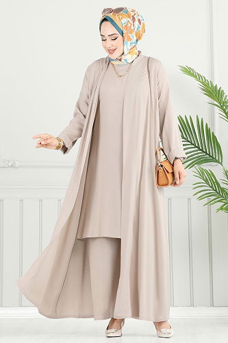 moda selvim Salaş Üçlü Viskon Takım 0342BG354 Taş - Thumbnail