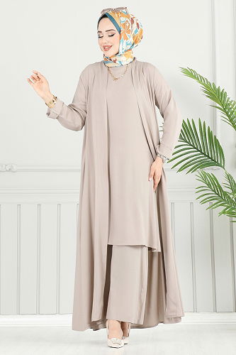 moda selvim Salaş Üçlü Viskon Takım 0342BG354 Taş - Thumbnail