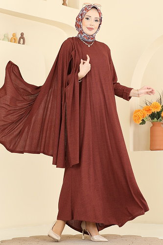 moda selvim Salaş Yelekli 2 li Takım 6370ZNNK1102 Taba - Thumbnail