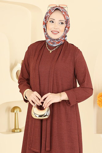 moda selvim Salaş Yelekli 2 li Takım 6370ZNNK1102 Taba - Thumbnail