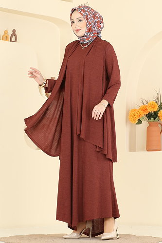 moda selvim Salaş Yelekli 2 li Takım 6370ZNNK1102 Taba - Thumbnail
