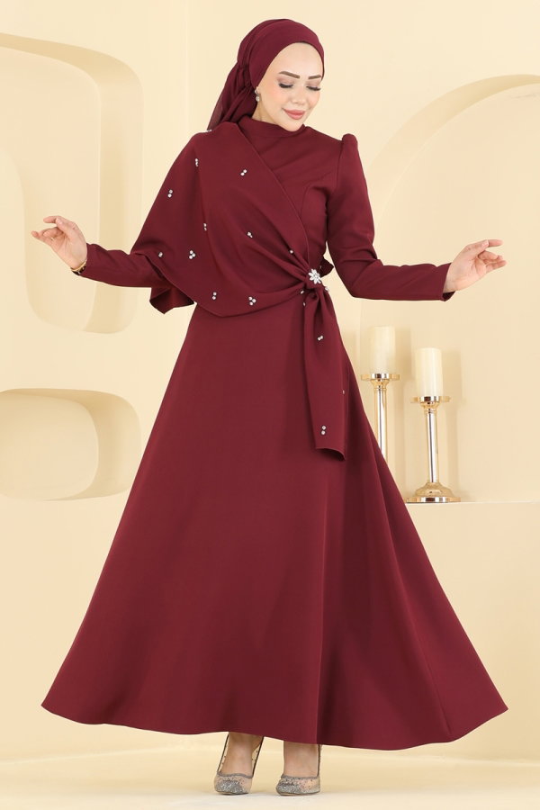 Modaselvim ABİYE Şalı Ayrı Kloş Abiye 4590ALG474 Bordo