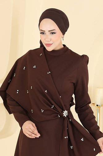 moda selvim Şalı Ayrı Kloş Abiye 4590ALG474 Kahve - Thumbnail