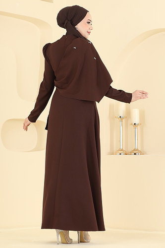 moda selvim Şalı Ayrı Kloş Abiye 4590ALG474 Kahve - Thumbnail