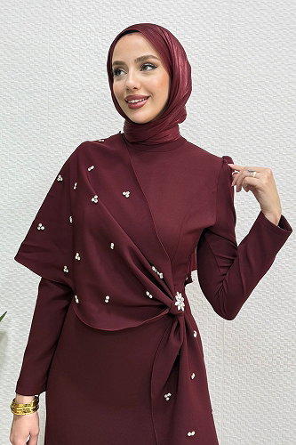 moda selvim Şalı Ayrı Taşlı Abiye 4725ALGK1170 Bordo - Thumbnail