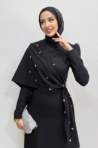 moda selvim Şalı Ayrı Taşlı Abiye 4725ALGK1170 Siyah - Thumbnail