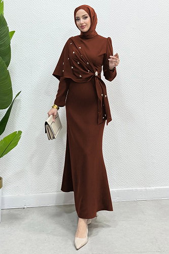 moda selvim Şalı Ayrı Taşlı Abiye 4725ALGK1170 Taba - Thumbnail