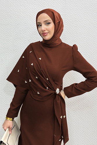 moda selvim Şalı Ayrı Taşlı Abiye 4725ALGK1170 Taba - Thumbnail