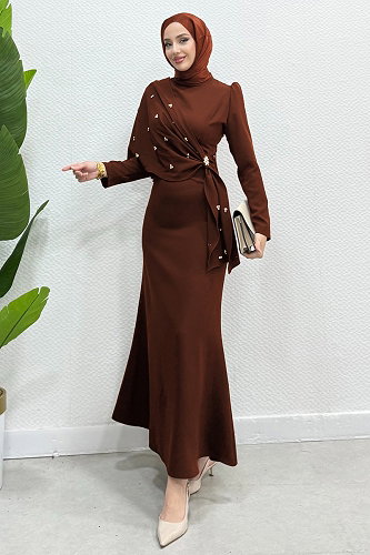 moda selvim Şalı Ayrı Taşlı Abiye 4725ALGK1170 Taba - Thumbnail