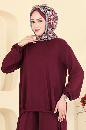 moda selvim Şalvar Pantalonlu 2 li Takım 5650ZNNK1102 Bordo - Thumbnail