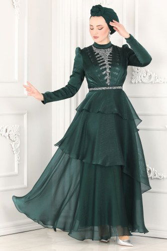 moda selvim Samyeli Organze Abiye 5379AB368 Zümrüt - Thumbnail