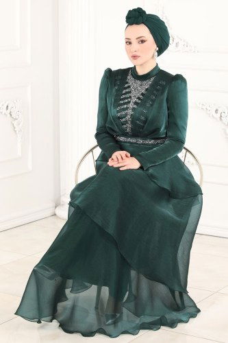 moda selvim Samyeli Organze Abiye 5379AB368 Zümrüt - Thumbnail