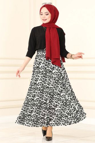 moda selvim Leopar Etekli Sandy Takım 4133AF356 Siyah&Ekru - Thumbnail