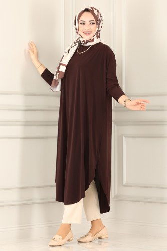 moda selvim Basic Sandy Tesettür Tunik 1735-1AF356 Kahve - Thumbnail