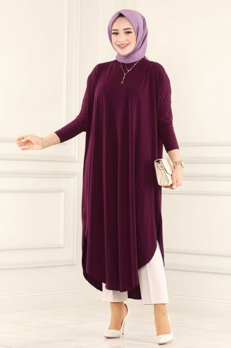 moda selvim Basic Sandy Tesettür Tunik 1735-1AF356 Mürdüm - Thumbnail