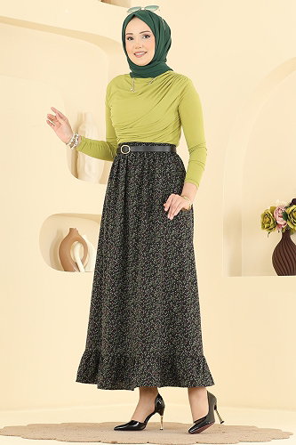moda selvim Sarmaşık Desen Jesica Etek 136NZRK1200 Siyah - Thumbnail