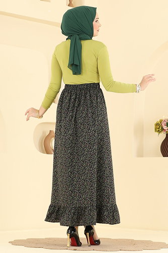 moda selvim Sarmaşık Desen Jesica Etek 136NZRK1200 Siyah - Thumbnail